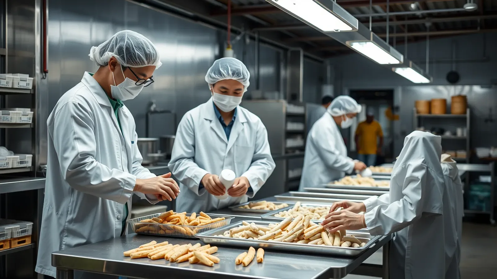 Nhân viên QC thực phẩm đang kiểm tra chất lượng nguyên liệu đầu vào