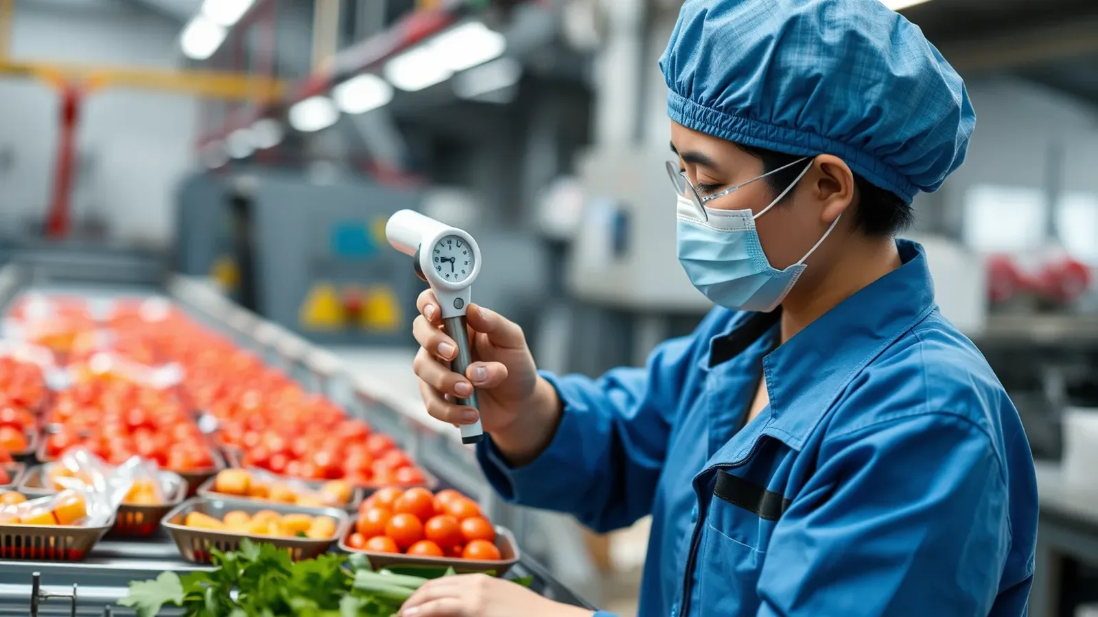 Nhân viên kiểm soát chất lượng đo nhiệt độ trên băng chuyền sản xuất