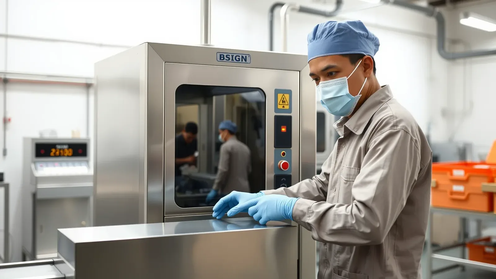nhân viên qa kiểm tra máy dò kim loại trên dây chuyền