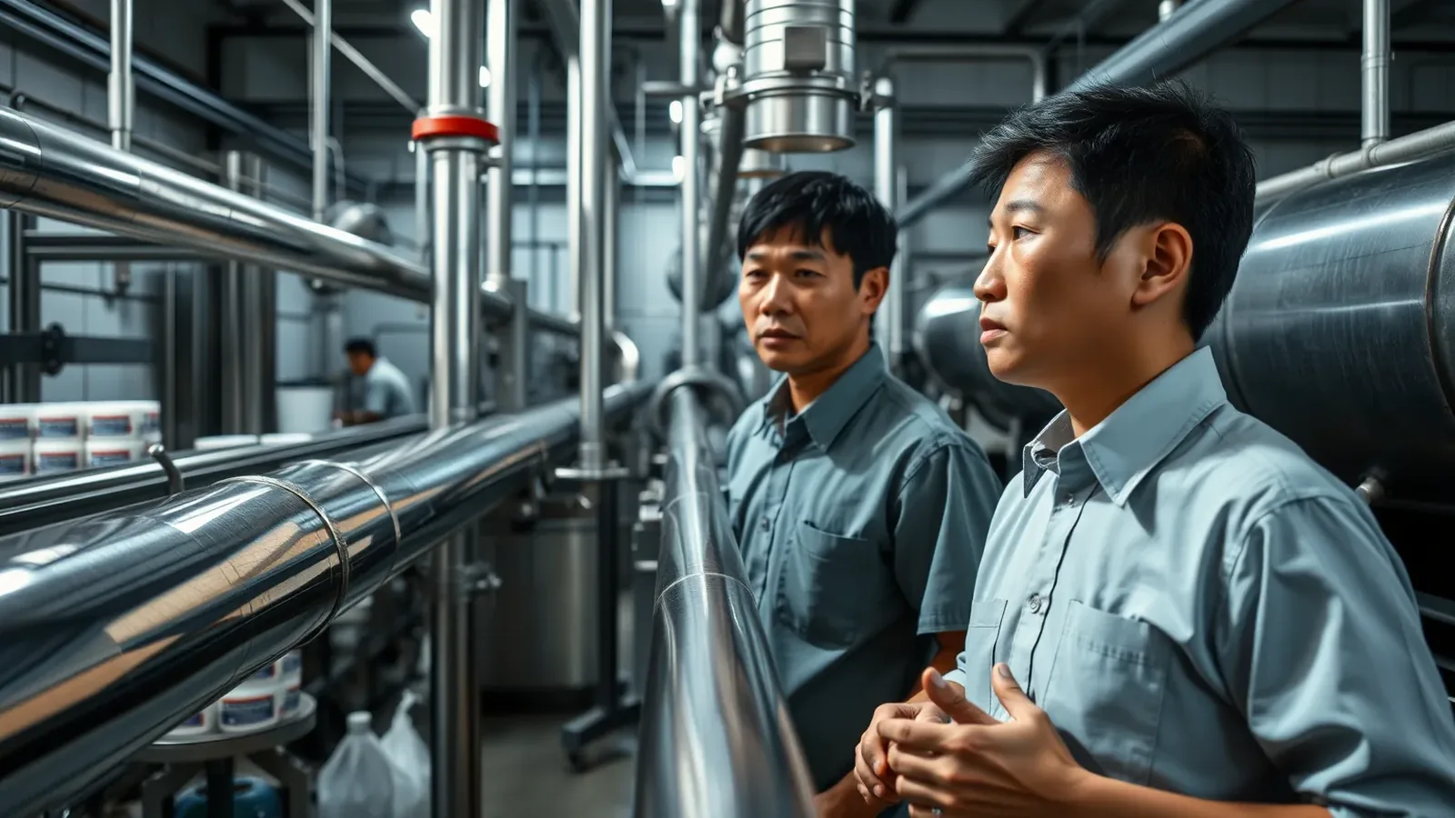 công nhân xưởng sữa chua kiểm tra đường ống thanh trùng