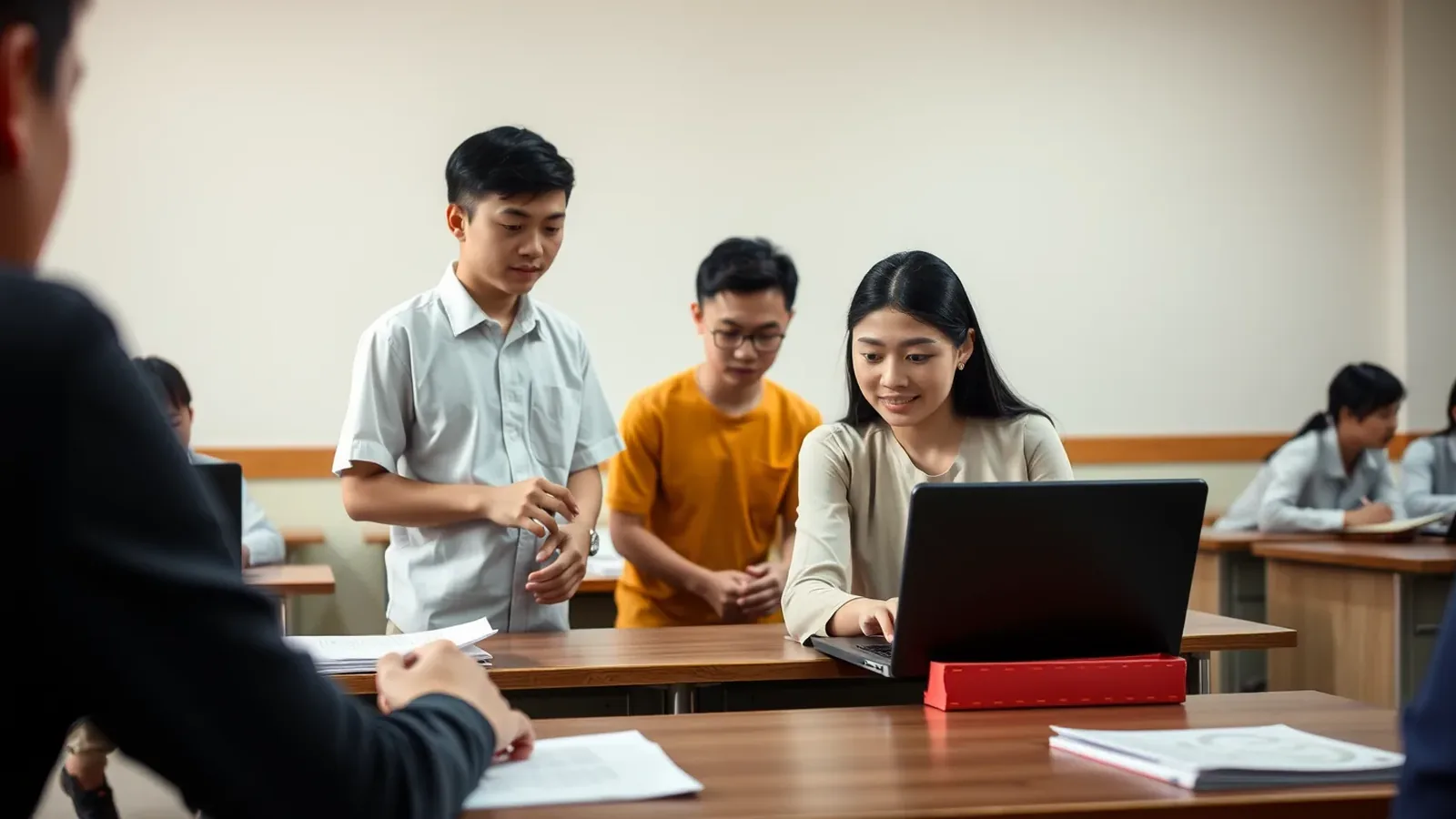 Học viên sử dụng laptop trong lớp học thay cho edmodo