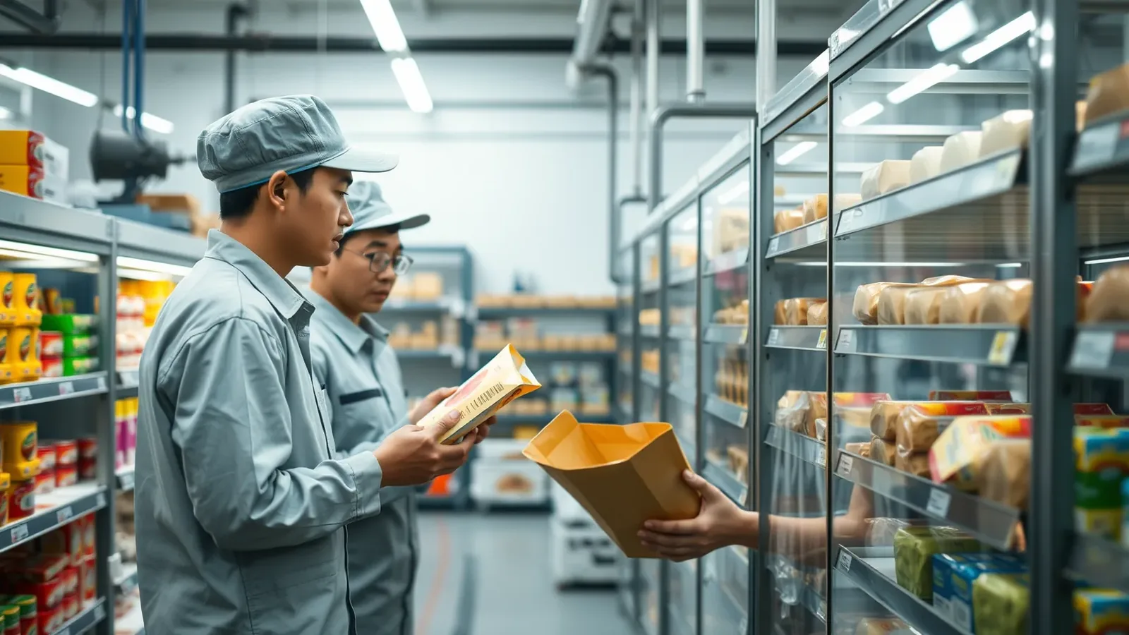 Công nhân xưởng đang kiểm tra mẫu để xem cách xác định hạn sử dụng thực phẩm